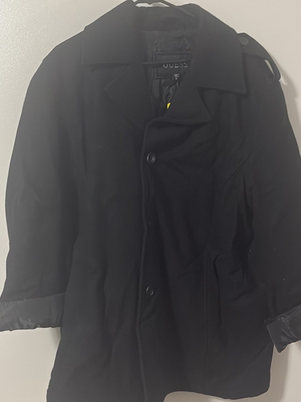 GUESS Men's Black Single-Breasted Pea Coat wool